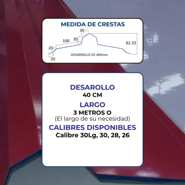 Ficha técnica del caballete en acero prepintado, detallando medida de crestas, desarrollo de 40 cm, largo a la medida y calibres disponibles 30 a 26.