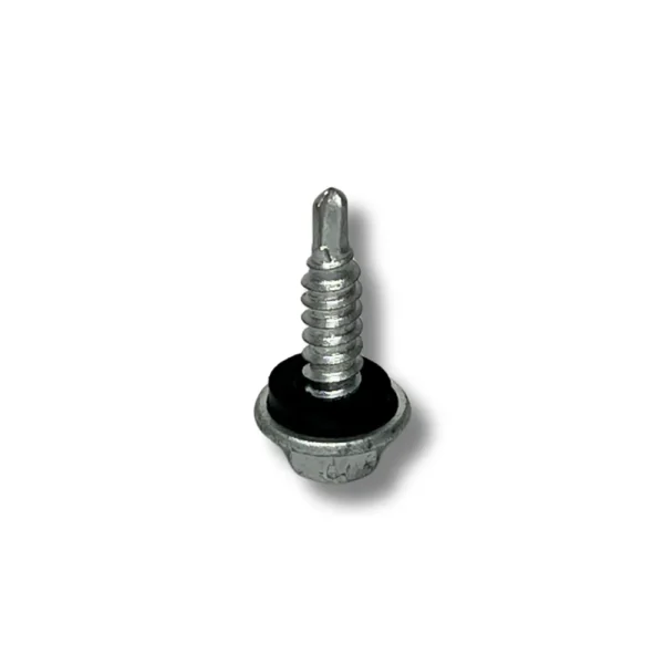 Vista superior de un tornillo autoperforante con fijador cónico, mostrando la punta de broca y la rosca.