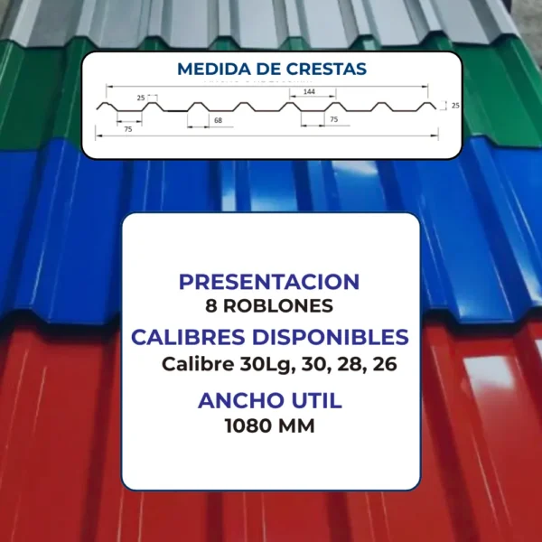 Ficha técnica de teja trapezoidal de acero prepintado mostrando medidas de cresta, calibres disponibles 30 a 26 y un ancho útil de 1080 mm.
